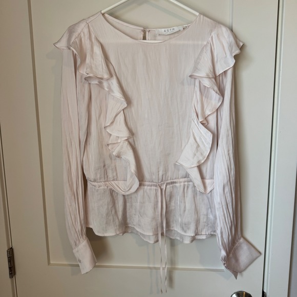 ASTR The Label Tops - ASTR The Label Blush Pink Ruffle Long Sleeve Peplum Blouse Drawstring Waist M